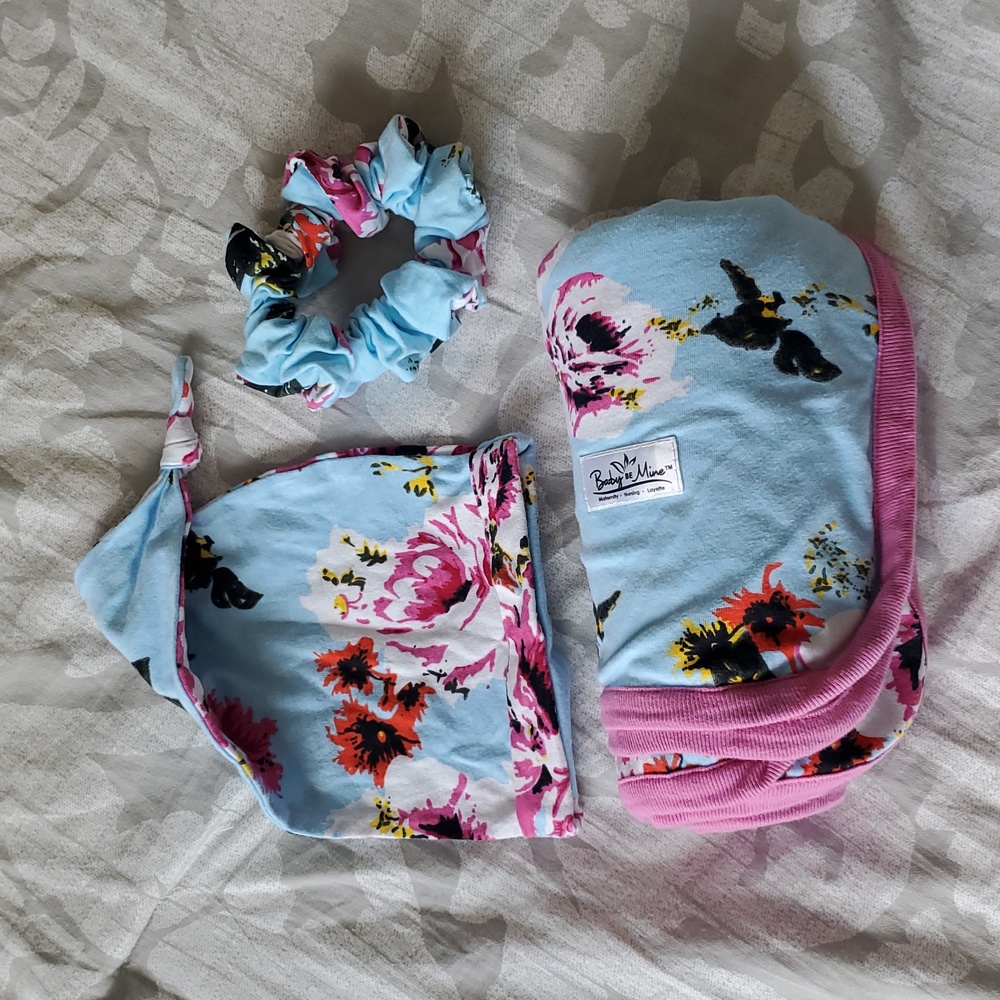Baby Be Mine Floral Swaddle Set With Matching Scrunchie